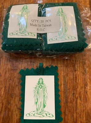 Green Scapular, 20 Pack Bulk Scapulars Catholic Immaculate Heart Mary No String