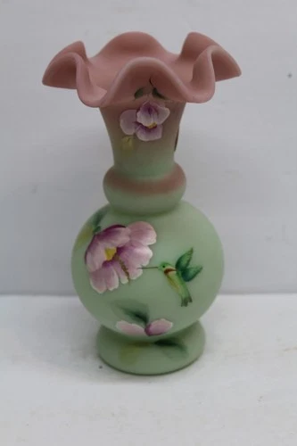 Fenton Lotus Mist Burmese Glass Hummingbird Vase Hand Painted Signed