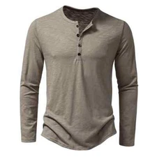 Men's Cotton Button Henley neck Shirt Long Sleeve Casual Button Solid color