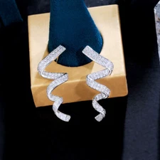 Silver Plated Full Pave CZ Rotational Twisted Ribbon Wedding Long Drop Earrings