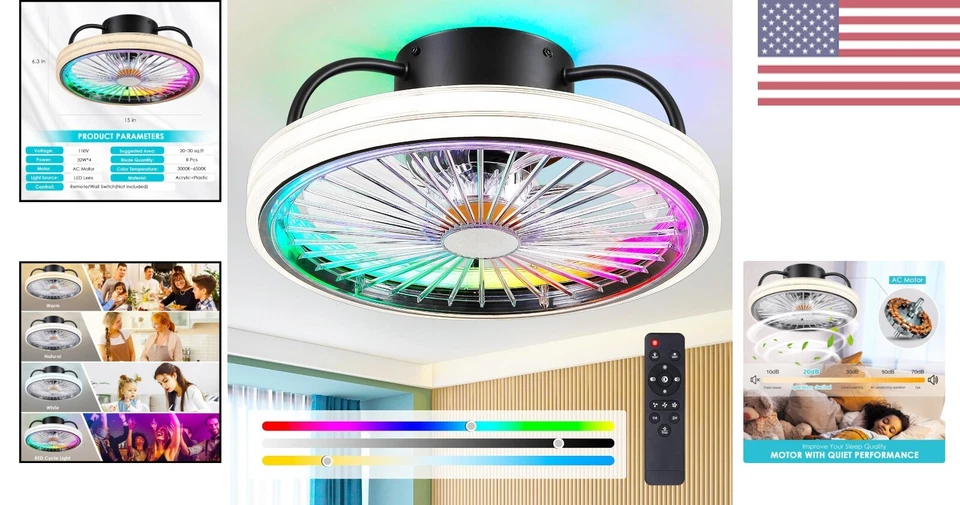 Quiet Copper Motor Ceiling Fan with Adjustable RGB Lighting and Timer Function - Image 2 of 4