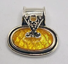 Vintage Silver Tone Faux Citrine Look Black Enamel Slide Pendant