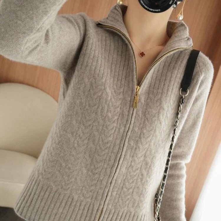 Women's Turtleneck Zipper Cashmere Knitted Cardigan Slouchy Loose Jumper Sweater - Image 4 of 4