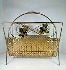 VTG Mid Century Gold Metal Mesh Magazine Rack Holder 1950s-60s MCM Leaves