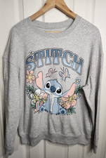 EUC Disney Stitch Flowers Print Gray Long Sleeve Crew Neck Sweatshirt Women's L