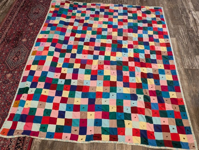 Vintage Quilt 76" X 62" Flannel & Velour Small Cotton Squares Light Weight Cozy 