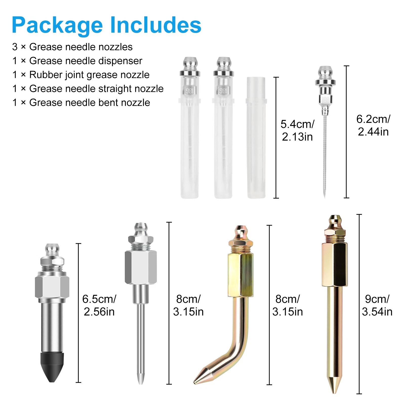 Grease Gun Accessory Kit 7pcs with Needle Nozzles Rubber Tip and Elbow Adapter