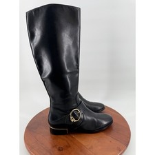 Botas de montar Tory Burch de cuero negras con hebilla dorada logotipo hasta la rodilla talla 9M 5233
