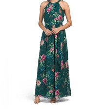 ELIJA J emerald green floral maxi dress high neck empire waist sz 10 EUC wedding