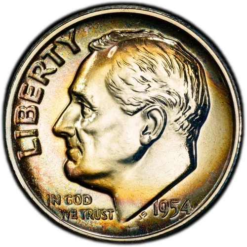 PR68 1954 10C Roosevelt Silver Proof Dime, PCGS Trueview- Rainbow Toned