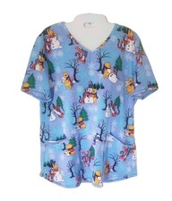 Disney Winnie-the-Pooh 100 Acre Snow Day Women's V-Neck Christmas Scrub Top Med
