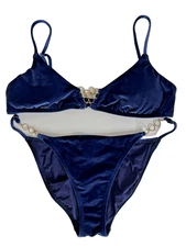 Trina Turk Bikini Swimsuit Blue Velvet w/golden metallic Chain Link Sz 12