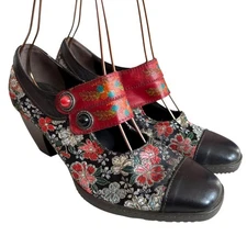 Socofy mary jane high heel shoes EU 39 US 8 8.5 black jacquard floral red block