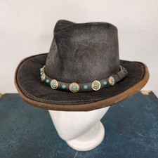 Vintage Unbranded Leather Hat w/ Turquoise Detail Band Made in USA size Medium