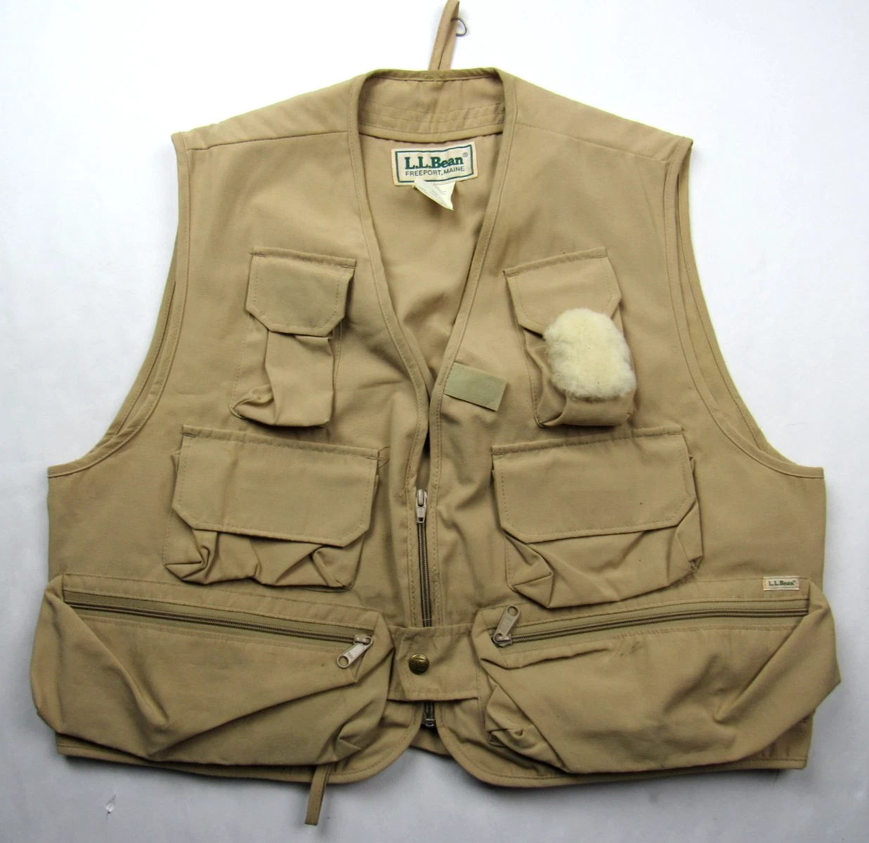 Vtg L.L. Bean Tan Fly Fishing Vest Size XL Photography Hunting Zip Front Pockets
