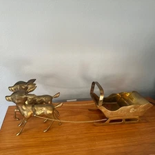 Large Vintage Brass Reindeer & Sleigh Christmas Decor Centerpiece