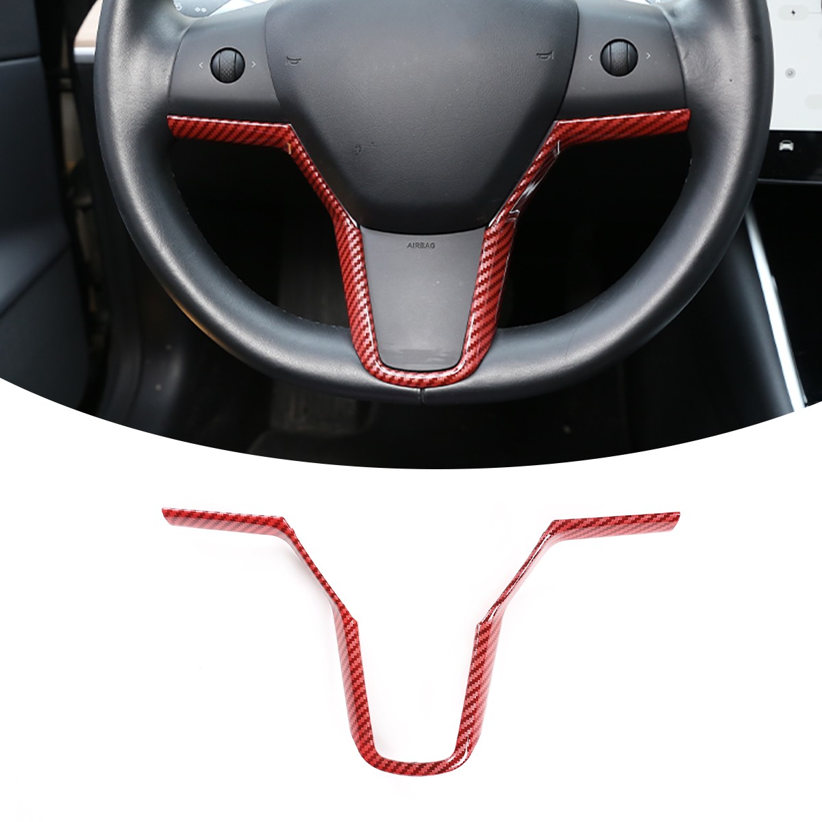 Red Carbon ABS Steering Wheel V Shape Cover For Tesla Model 3 Model Y 2018-2021