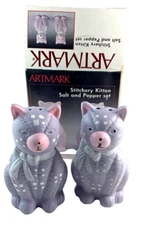 Artmark  Ceramic Cat Salt & Pepper Shakers “Stitchery Kitten” 4.5” Tall Purple