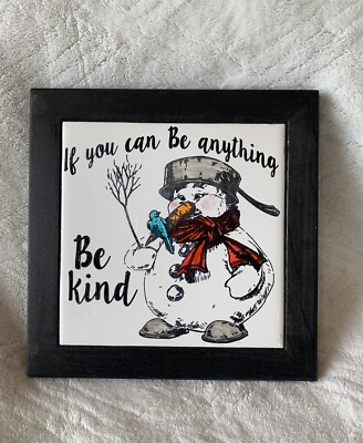 New Snowman Trivet Tile Ceramic  & Wood  to be hung or used for pots. Boutique