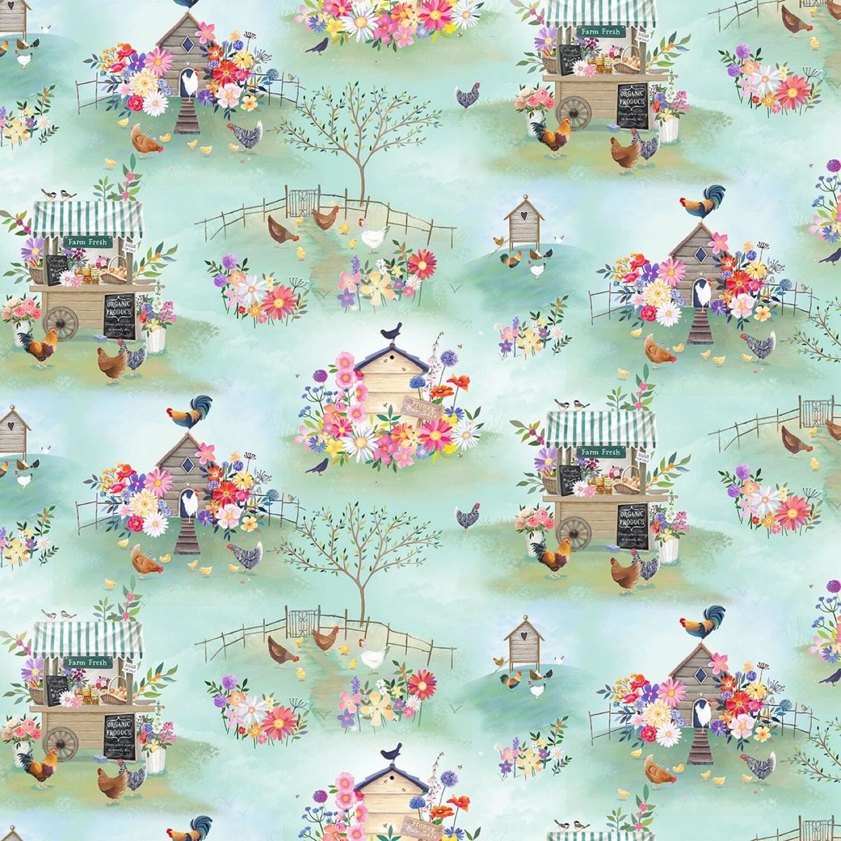 Clothworks Simple Life by Sarah Summers Y4330 109 Light Mint Farm