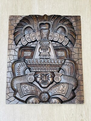 Inca Mayan Aztec God Warrior Hand Carved Wood 3d Wall Hanging Large 23'' x 19''