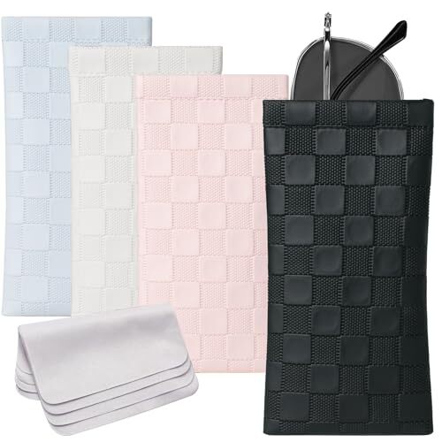 4 Pcs Squeeze Top Sunglass Case with Cleaning Cloth, Soft Leather D & 4pcs