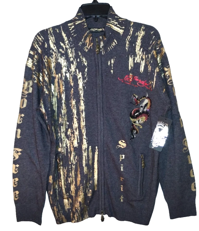 NUEVO CON ETIQUETAS Ed Hardy Carbón/Dorado Born Free Cárdigan Suéter Lana Para Hombre Talla L Foto 2 de 4