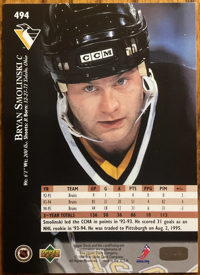 1995-96 Upper Deck Electric Ice Gold RARE Bryan Smolinski #494 - Image 2 of 3