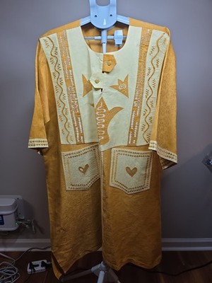 Vintage Embroidered African Yellow and Cream Kaftan and Matching Pants