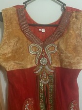 Women's Red Gold Net and velvet patches Set Size 38 Embellished w/ Dupatta