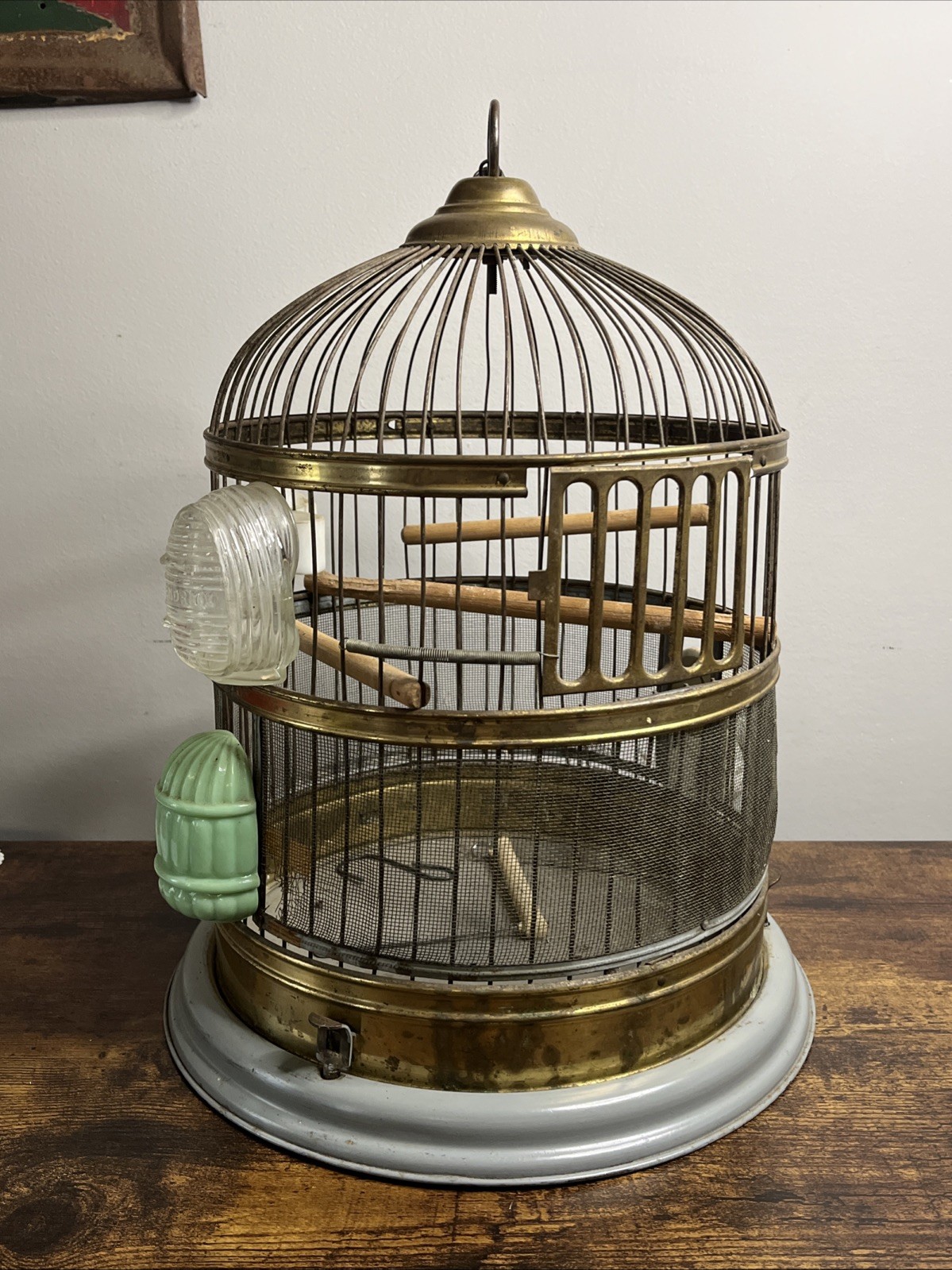 Vintage Hendryx Bird Cage Hanging Dome Style Jadeite And Milk Glass Feed/Water