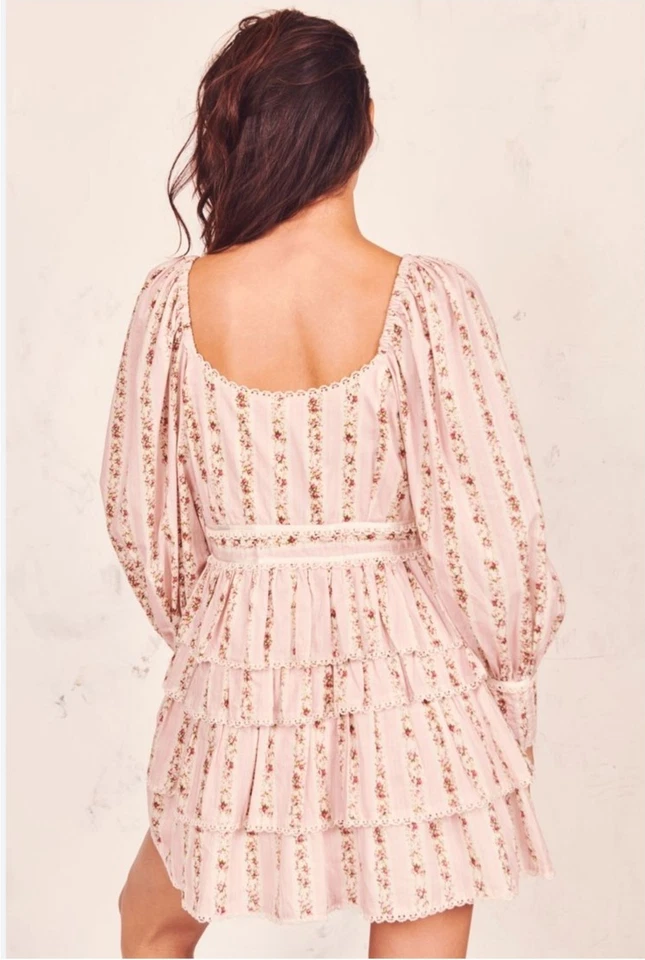 Mini Vestido LoveShackFancy Astor con Volantes Talla XS/2 Rosa Macarrón Floral Rayas Foto 3 de 4