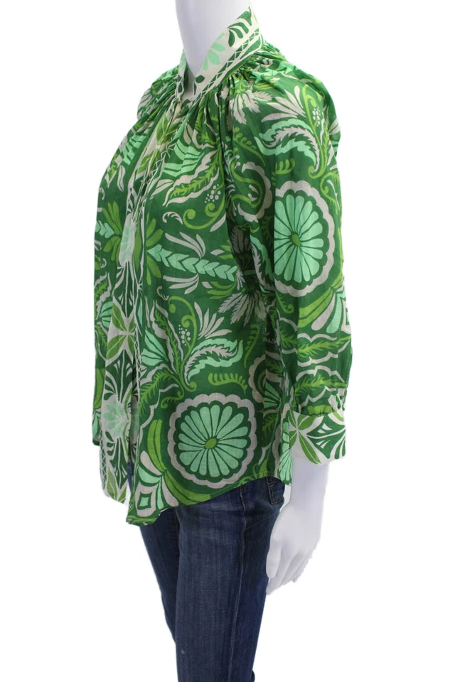 Smythe Womens Button Front 3/4 Sleeve Floral Top Green White Cotton Size XS - Image 2 of 4