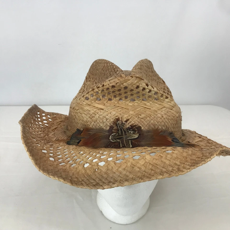 Sombrero de Vaquero Peter Grimm Paja Acento Pluma Envejecido Estilo Occidental Foto 2 de 4