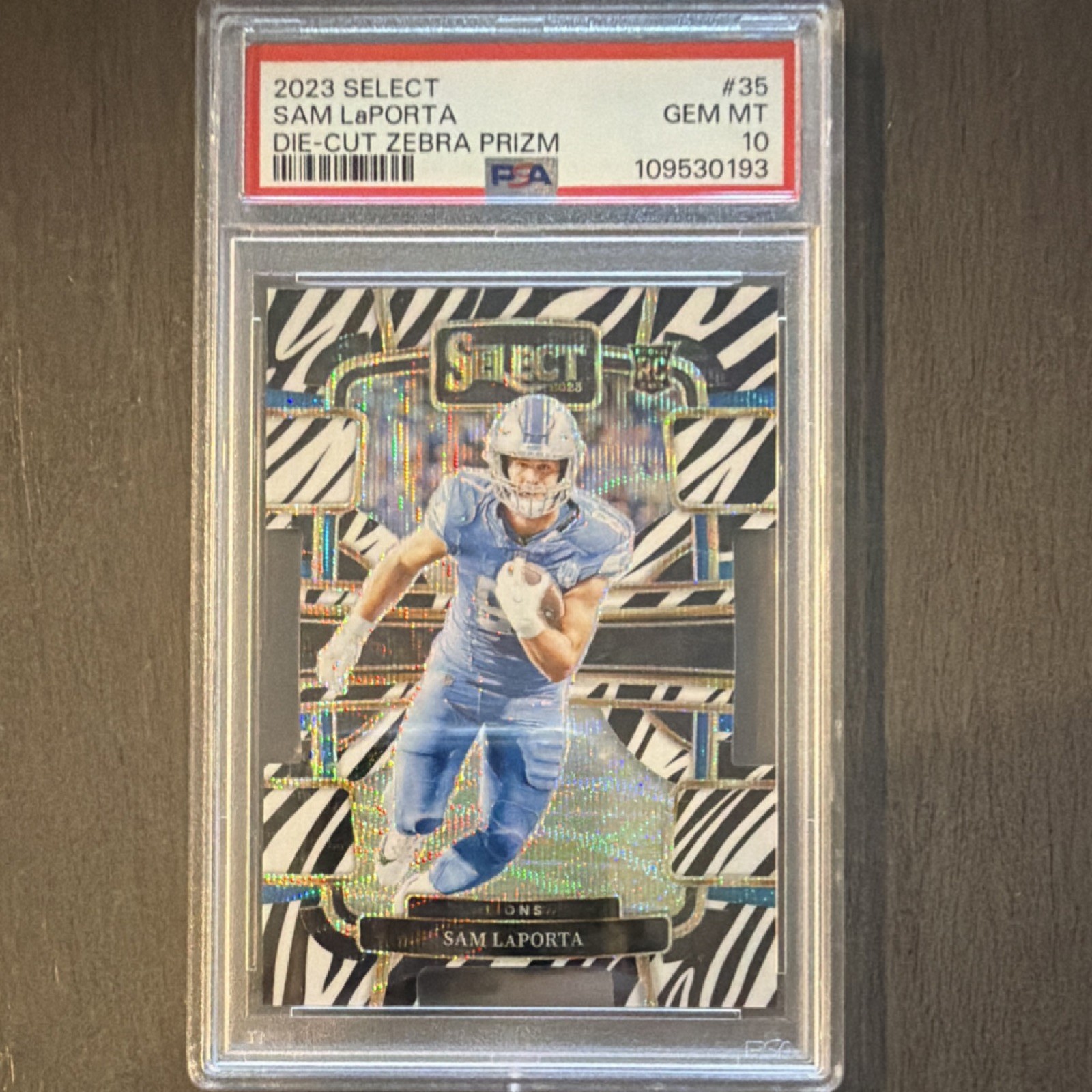 2023 Panini Select Sam LaPorta #35 Concourse Die Cut Zebra Prizm Rookie PSA 10