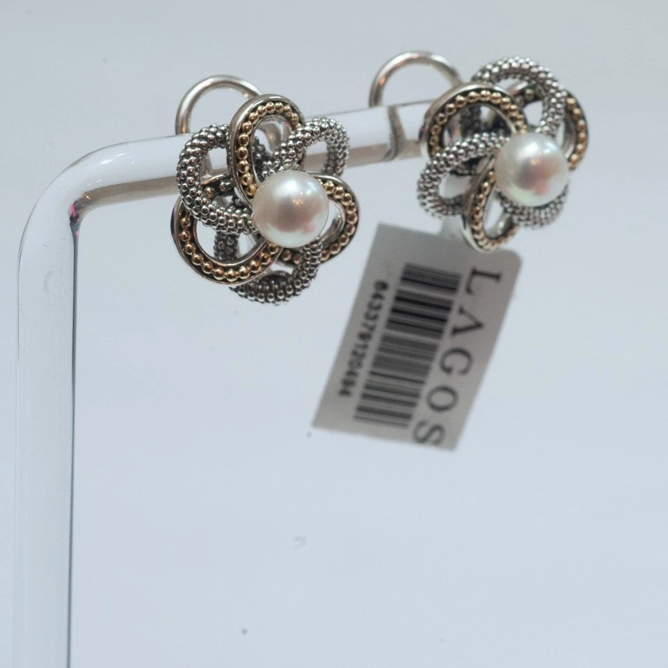 Nuevos Pendientes LAGOS Plata de Ley Oro 18K Nudo de Amor Perla 18mm Omega Clip Foto 3 de 4