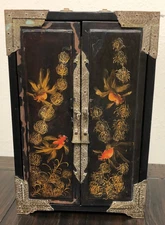 Vintage Asian/Vietnam Wood w/Black Laquer/Brass/Painted Fish/Jewelry Cabinet/Box