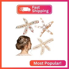PAGOW 3 PCS Starfish Hair Clips, Gold Pearls Colorful Rhinestone Hair Clips, Cry
