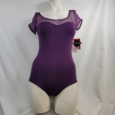 Capezio Purple Sweetheart Neck Mesh Yoke Short Sleeve Leotard Sz. L