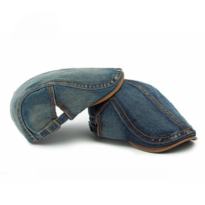 Mens Vintage Washed Denim Newsboy Cap Adjustable Cabbie Driving Beret Hat Cowboy