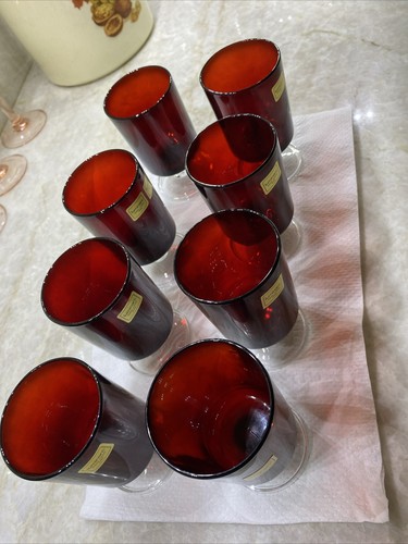 8 Vintage Luminarc Verrerie D'Arques France Ruby Red Clear Footed Glass 4” NEW - Picture 5 of 5