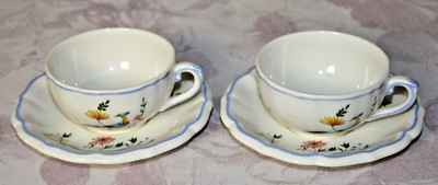 qty 2, Vintage Gien France OISEAU DE PARADIS   Flat Cup & Demitasse Saucer