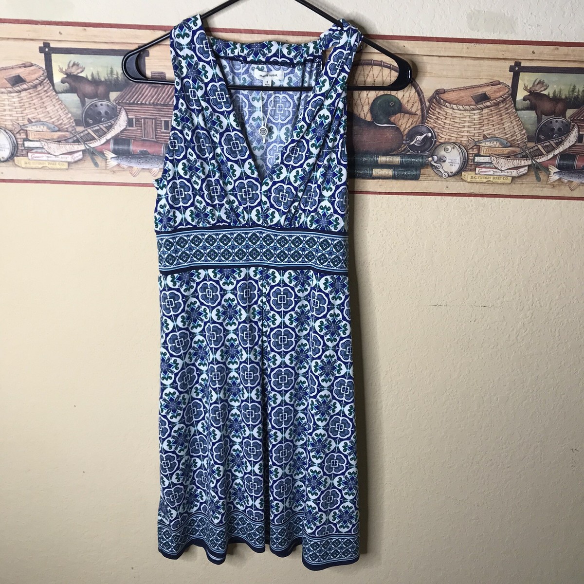 Max Studio Patterned V-Neck Jersey Dress Womens Small MSRP $98