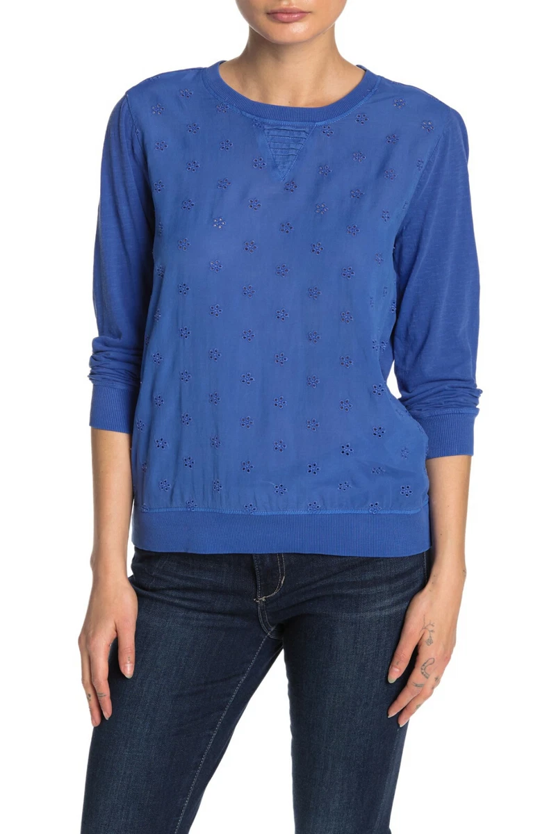 Lucky Brand Women L Royal Blue Mixed Media Long Sleeve Top NWT