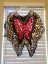 Vintage Silver  Pink Sequin Beaded Butterfly Shirt 100 Silk India Great Cond