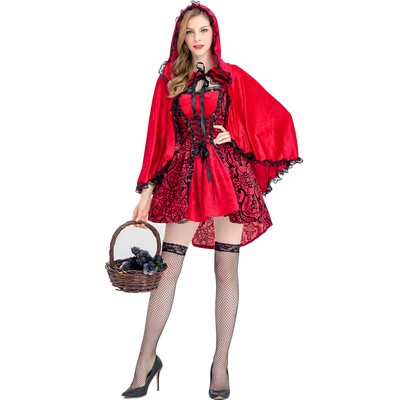 Halloween Lace Jacquard Cape Little Red Riding Hood Gothic Queen Cosplay Dress