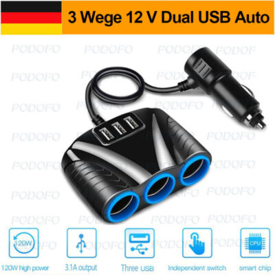 Car 12V Cigarette Lighter Socket 3 USB Fast Charger Power Adapter Outlet