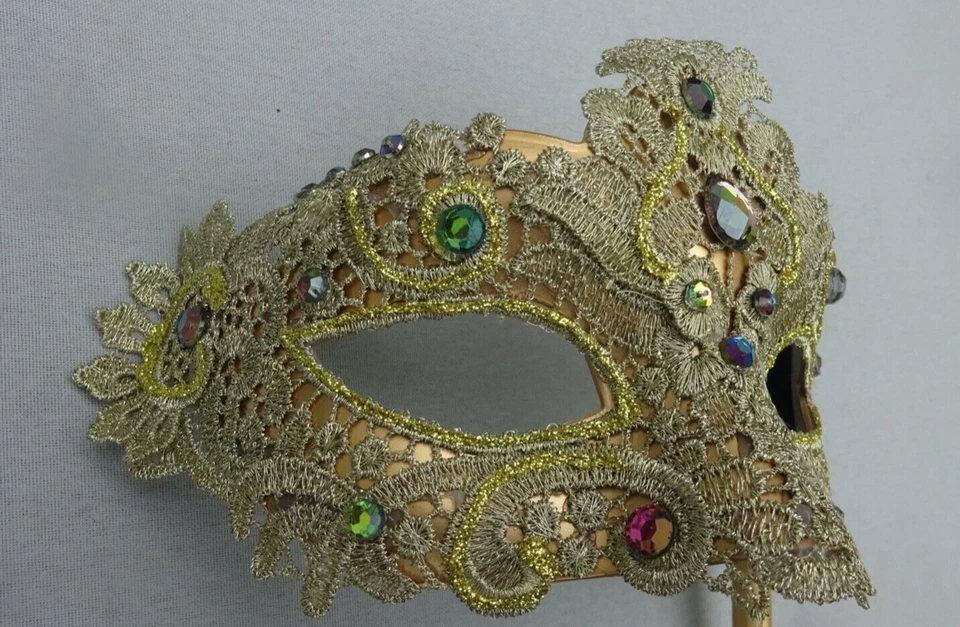 HAND HELD GOLD JEWELLED LACE BROCADE MASK VENETIAN MASQUERADE EYE BALL ON STICK - Image 3 of 4