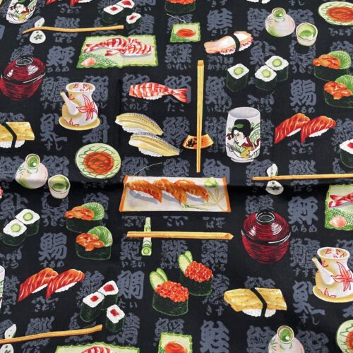 "Vintage Essstäbchen bitte Sushi auf schwarzem Stoff von Robert Kaufman 1 Yd x 44"" - Bild 1 von 7