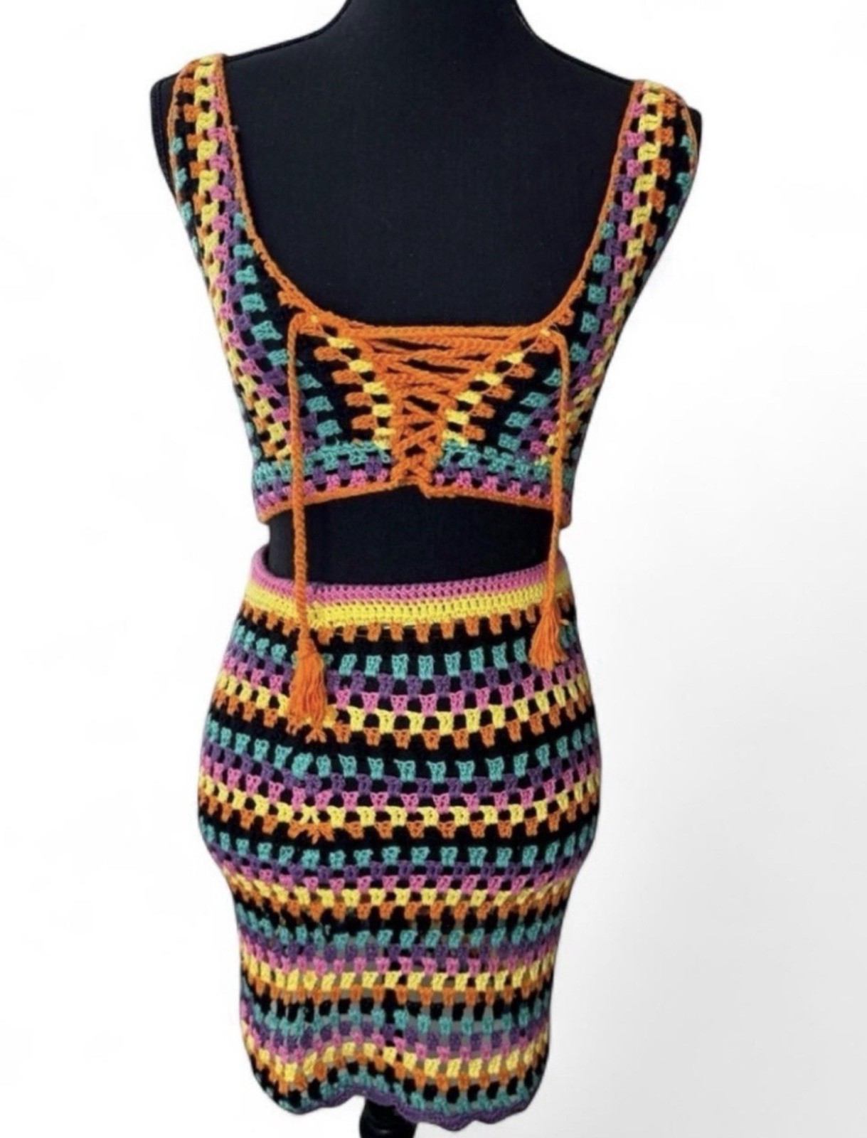 COLECCIÓN HERA Top y Falda con Cordones de 2 Piezas Crochet a Rayas Multicolor M